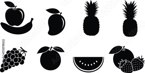 Collection of fresh fruits silhouette, including apple, banana, mango, pineapple, grapes, orange, watermelon, and strawberry