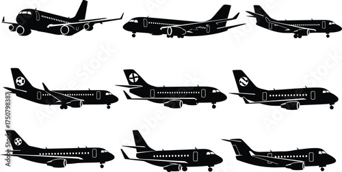 Illustration of a fleet of airplanes in silhouette for aviation themes