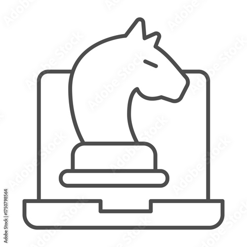 Laptop with knight chess thin line icon, chess game concept. Vector graphics. Online gaming sign on white background, outline style icon for mobile or web design.