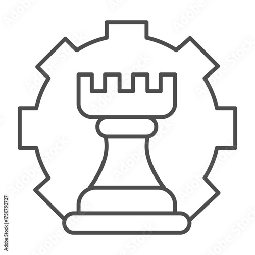 Mechanical gear with chess tower thin line icon, chess game concept. Vector graphics. Tower and cogwheel sign on white background, outline style icon for mobile or web design.