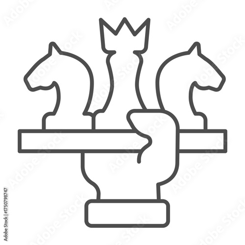 Chess pieces chessboard in hand thin line icon, chess game concept. Vector graphics. Gaming sign on white background, outline style icon for mobile or web design.