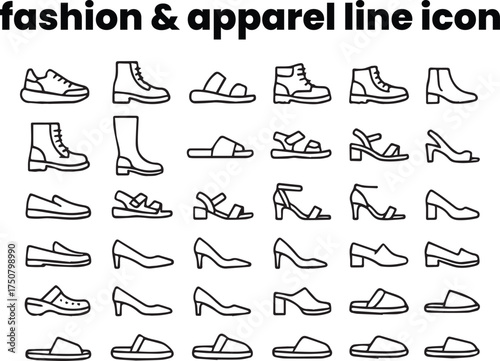 Stylish black and white icons of sneakers, heels, boots, loafers, slippers — clean outline perfect for fashion product and shoe design branding