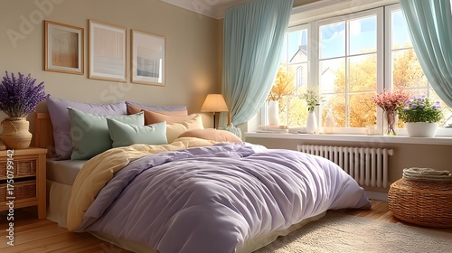 Cozy bedroom interior with a bed window curtains and decorative elements