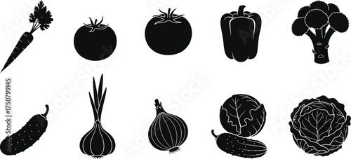 Black and white silhouette of various vegetables, including carrot, tomato, and onion