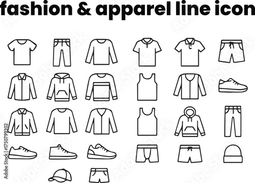 Simple line icon collection showing everyday outfits — t-shirt, jeans, shorts, hoodie, sneakers — minimal black stroke for versatile fashion design use