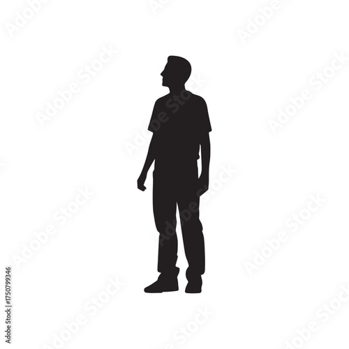 Silhouette illustration of a person standing in a neutral pose. Black vector figure of a human isolated on white background, representing simplicity, balance, and everyday stance.