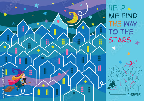 A fun maze puzzle. Help the little sorceress find her way to the stars. Vector illustration for children. 