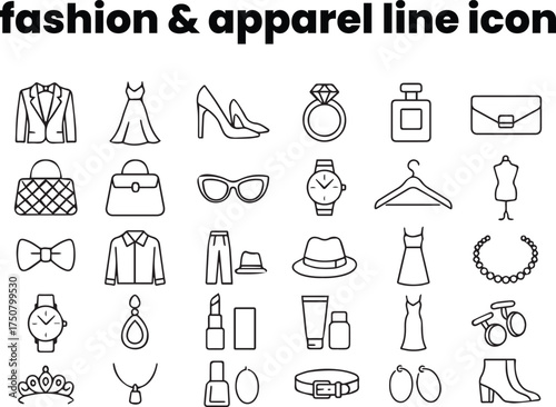Elegant outline icons of tuxedo, gown, heels, diamond, perfume, and clutch — black and white minimal style representing luxury fashion concepts.
