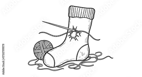 Sock being mended with needle and yarn in black and white sketch