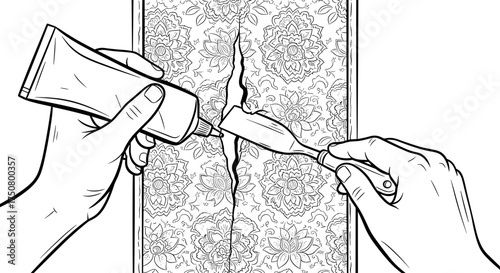 Hands repairing cracked wallpaper with glue in black and white sketch