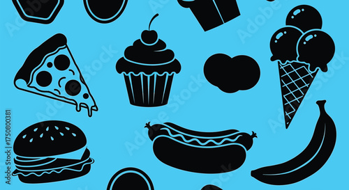 Illustration of various fast food items such as pizza, burger, ice cream, cupcake, and hotdog on blue background