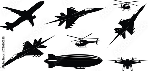 Collection of aircraft icons, including airplane, helicopter, jet, and drone