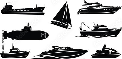 Silhouette of various boats and watercraft, vector illustration
