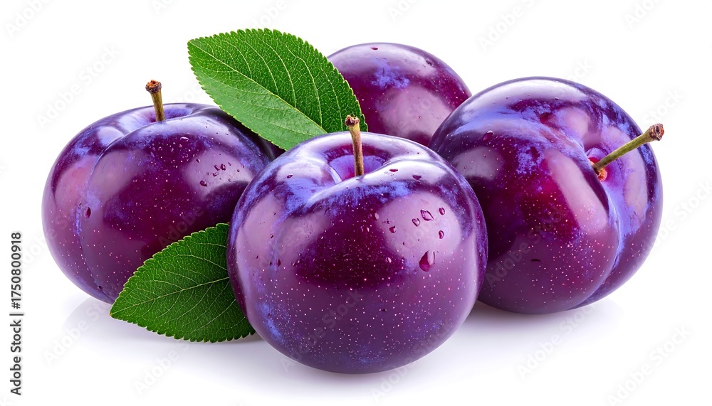 Obraz premium A close-up shot of four ripe, plump plums, with two green leaves, against a plain white backdrop. The plums have a shiny, deep purple skin