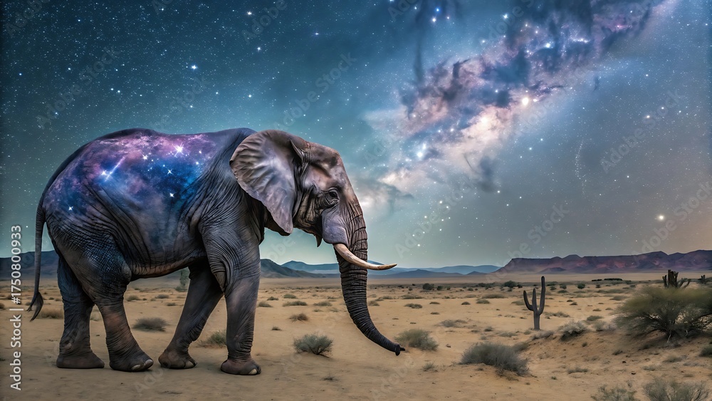 Fototapeta premium Majestic elephant with a cosmic galaxy pattern on its skin stands in a desert under a starry night sky