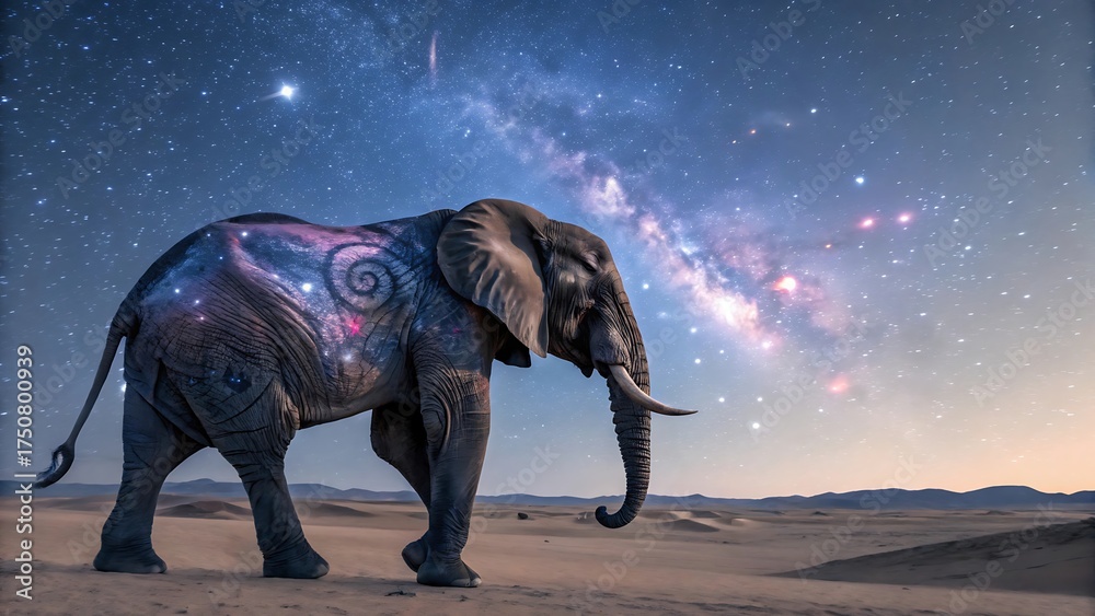 Fototapeta premium Majestic elephant adorned with cosmic galaxy patterns under a starry night sky