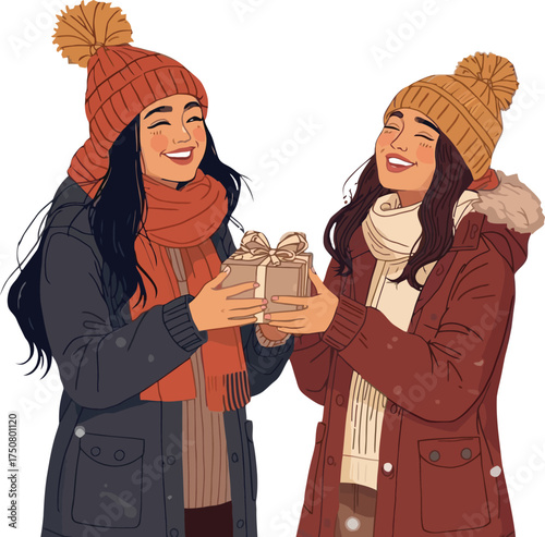 Friends Exchanging Gifts in Winter Snow
