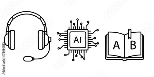 Translation Tools Outline Icon Set. AI Translation Chip, Bilingual Dictionary, & Translator Headset. Language & Global Business.

