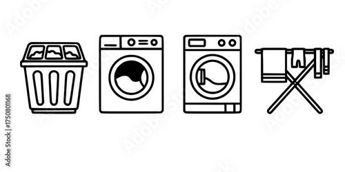Laundry Workflow Outline Icon Set. Washing Machine, Tumble Dryer, Drying Rack, & Sorting Bin. Household Chores, Cleaning, & Appliance Graphic.


