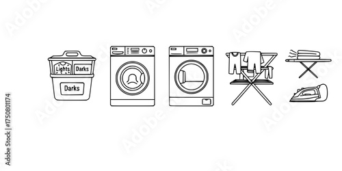 Laundry Workflow Outline Icon Set. Washing Machine, Tumble Dryer, Drying Rack, & Sorting Bin. Household Chores, Cleaning, & Appliance Graphic.

