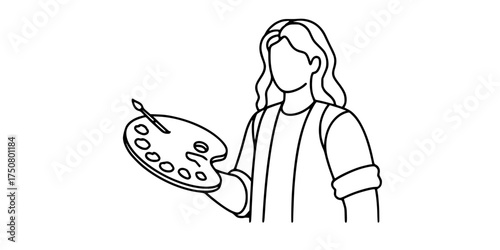 Artists at Work Outline Icon Set. Painter with Brush, Artist Palette, Sketching Figure. Creative, Hobby, Drawing, & Art School Icons.

