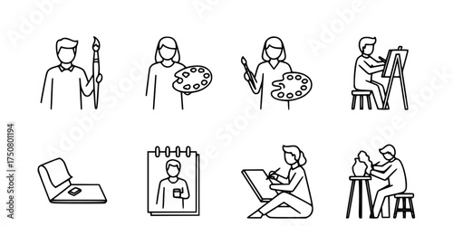 Artists at Work Outline Icon Set. Painter with Brush, Artist Palette, Sketching Figure. Creative, Hobby, Drawing, & Art School Icons.

