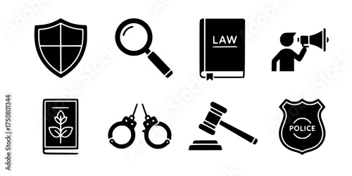 Anti-Corruption Solid Icon Set. Shield, Law Book, Whistleblower, Handcuffs, Gavel. Ethics, Governance, & Legal Justice Vector.

