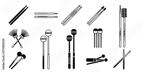 Drumsticks Icon Set. Solid, filled icon set of drumsticks types: wooden drumsticks, nylon tip sticks, brush sticks, mallets, rods, marching sticks, jazz