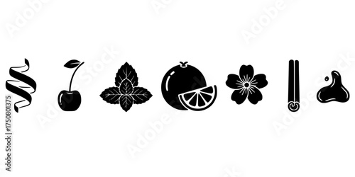 Liqueur Garnish Solid Icon Set. Cocktail, Lemon Twist, Cherry, Mint Leaf, Orange Slice, Cinnamon. Beverage, Bar, & Recipe Vector.

