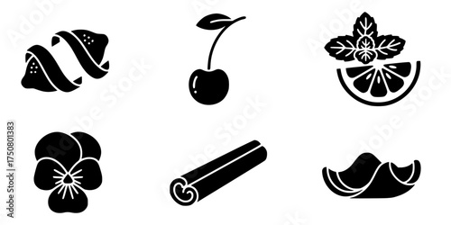Liqueur Garnish Solid Icon Set. Cocktail, Lemon Twist, Cherry, Mint Leaf, Orange Slice, Cinnamon. Beverage, Bar, & Recipe Vector.

