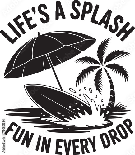 Black and white illustration of surfboard beach Religious Symbol umbrella palm tree