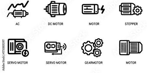 Electric Motors & Drives Outline Icon Set. AC, DC, Stepper, Servo Motors, Gearmotor. Industrial, Engineering, & Automation Technology.

