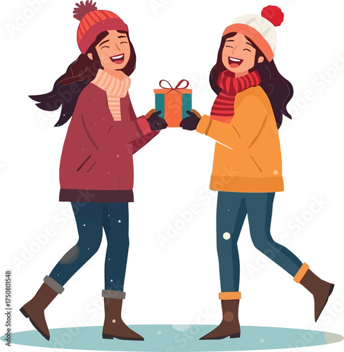 Friends Exchanging Gifts in Winter Snow