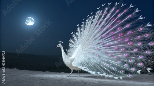 Majestic white peacock displays its iridescent tail feathers under a luminous full moon