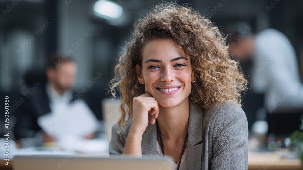 Fototapeta premium A young businesswoman with curly hair smiles warmly at her desk in a modern office. Colleagues are working in the background creating a busy atmosphere.