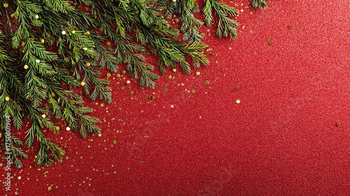 Christmas red background, featuring golden lights and a green pine branch border, with blank space left for text, serving as a festive greeting card design template with a Christmas tree border.