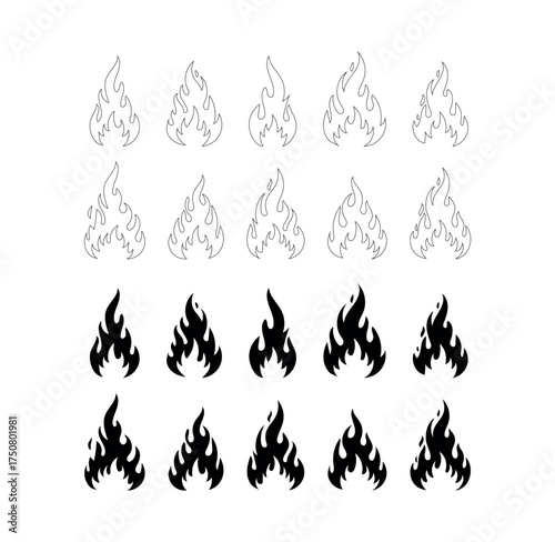 Flame Vector Set Cartoon Fire Blazing Embers Abstract Element Fire Outline