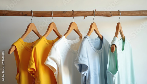 T-shirts hang on wooden hangers from a rustic wooden bar against a white wall. Colored shirts hang on wooden clothes rack. Yellow white blue and green tops on hangers.