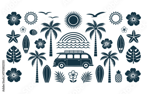 Tropical Beach Vacation Vector Scene: Palm Trees, Surfboards and Rainbow