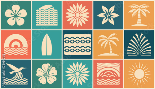 Colorful Tropical Tile Set: Beach Vacation Paradise Elements Design