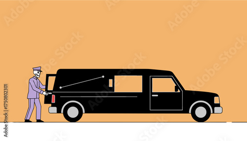 Skeleton in uniform attends a hearse Symbolizes funeral services death mortality or Halloween