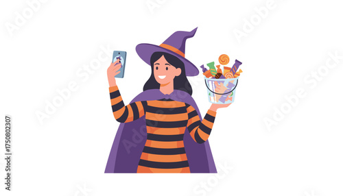 Smiling witch takes a selfie with a bucket of Halloween candy Perfect for holiday marketing