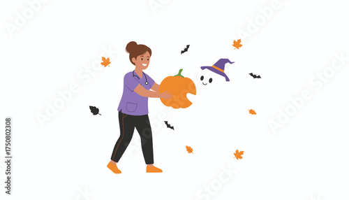Smiling healthcare worker and ghost sharing a Halloween pumpkin Festive autumn season