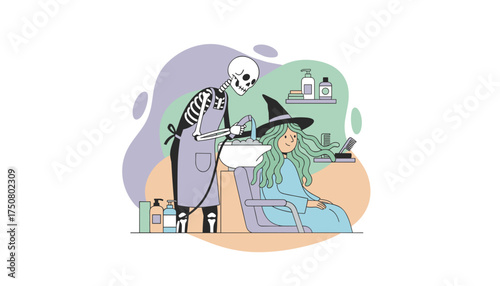 Skeleton washes a witchs hair in a whimsical spooky salon for Halloween fun and beauty
