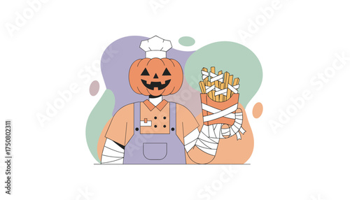 Pumpkin chef with mummy arms serves Halloween french fries Spooky food concept