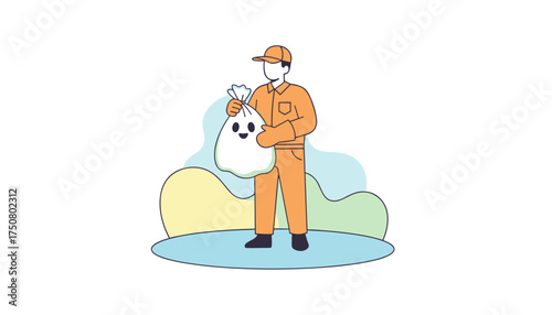 Sanitation worker holding a cheerful waste bag promoting cleanliness and environmental care