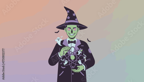 Mysterious wizard character in a suit holding an atom surrounded by ghosts and bats Halloween science fusion
