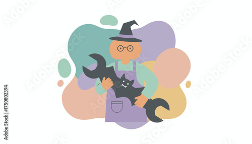 Cute pumpkin character in witch hat holding wrench and bat perfect for Halloween repair concept