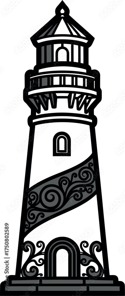 Obraz premium Detailed Lighthouse Illustration with Intricate Scrollwork and Architectural Elements.