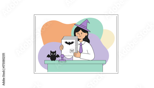 Happy businesswoman in witch hat organizing Halloweenthemed documents at her desk